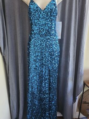 Blue Sequin V-Neck Maxi Dress